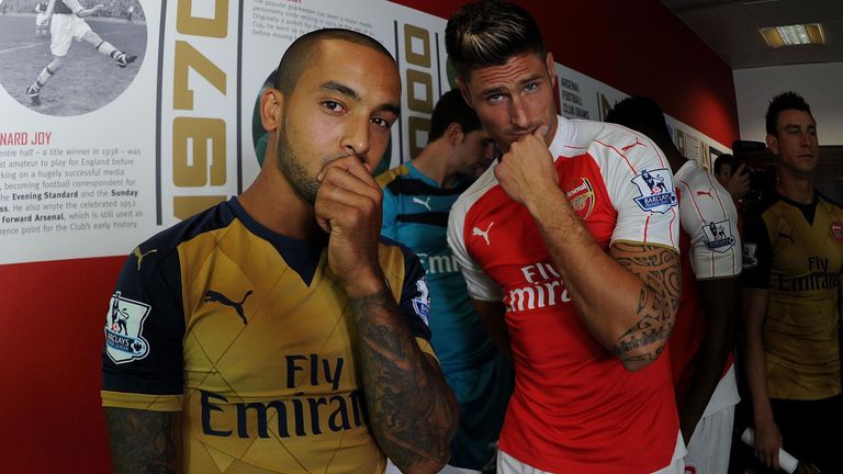 LONDON, ENGLAND - JULY 28:  Theo Walcott and Olivier Giroud of Arsenal during the 1st team photocall at 