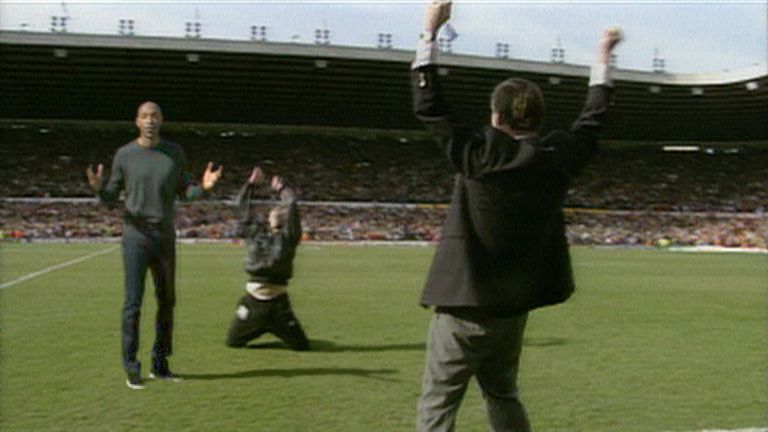 Thierry Henry joins in with Sir Alex Ferguson and Brian Kidd's legendary celebrations in 1993 as part of Sky Sports' hi-tech new advert