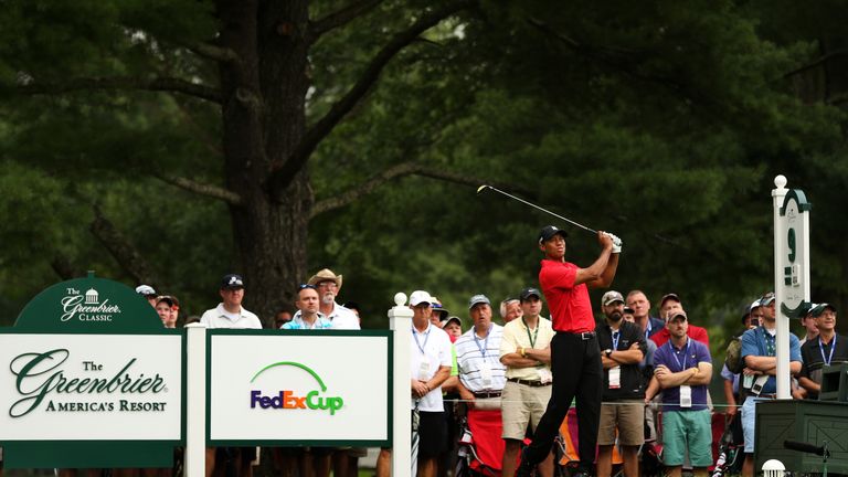 Tiger Woods tees off on the ninth hole during the final round of the Greenbrier Classic. 
