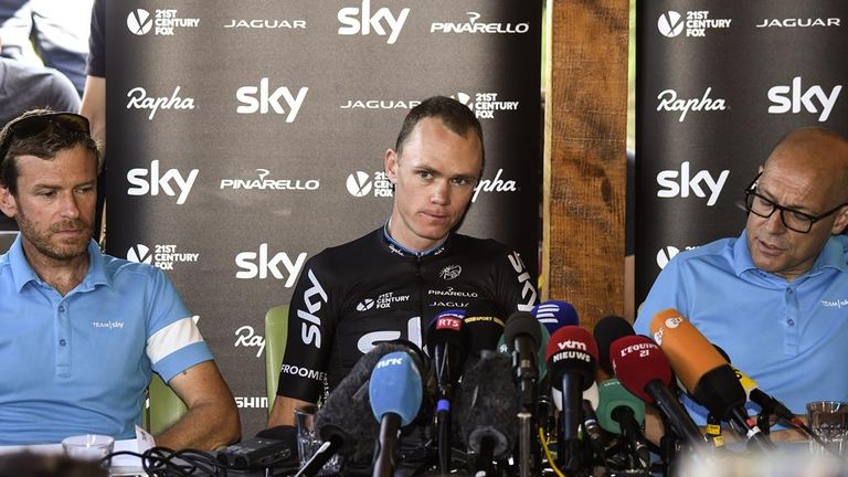 From left, Tim Kerrison, Chris Froome, Sir Dave Brailsford, Team Sky, Tour de France