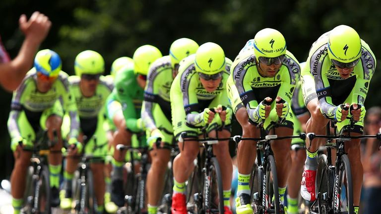 Tinkoff-Saxo during stage nine of the 2015 Tour de France, a 28km team time trial between Vannes and Plumelec
