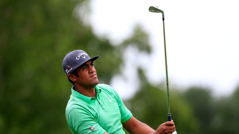 Tony Finau plays his shot from the fifth tee during the final round of the Travelers Championship at TPC River Highlands.