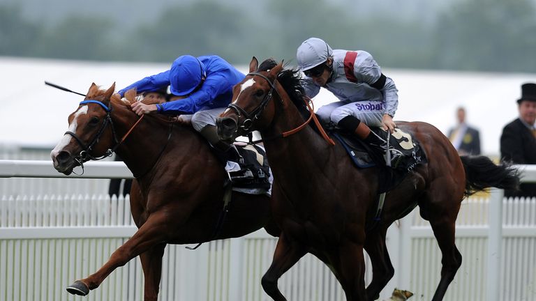 ASCOT, ENGLAND - JUNE 18:  (L-R)  Kevin J Manning riding Dawn Approach lands the St James's Palace Stakes ahead of second placed Richard Hughes riding Toro