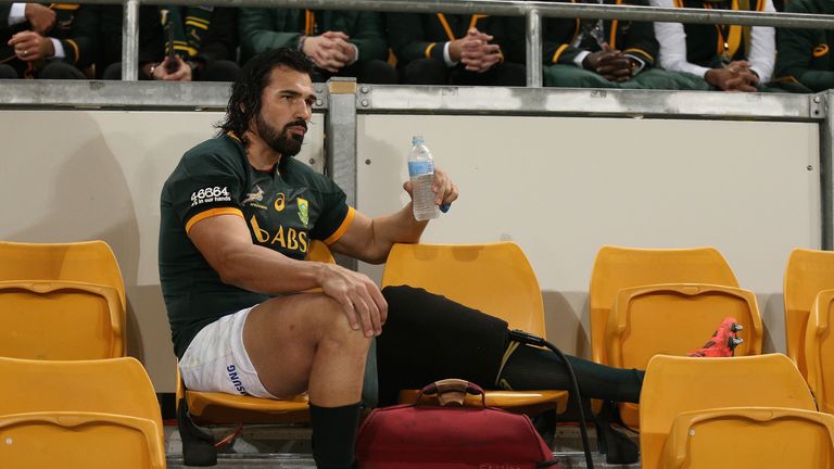 Springbok Victor Matfield sits on the bench injured during The Rugby Championship match against Australia