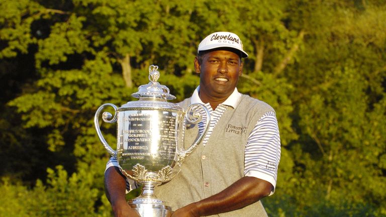 Vijay Singh holds the Wannamaker Trophy after the  final round at Whistling Straits in August 15, 200
