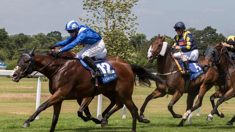 Waady, ridden by Paul Hanagan, leads the field home to win the Coral Charge Stakes