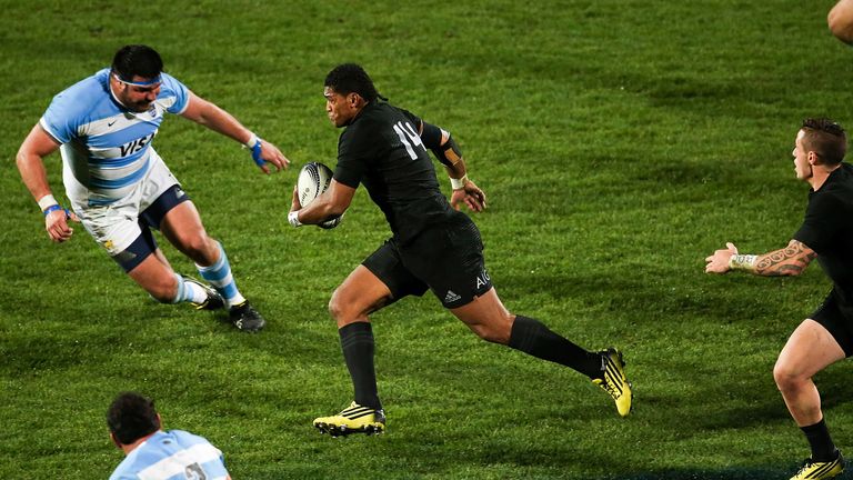 Waisake Naholo of the New Zealand All Blacks makes a break during The Rugby Championship match between the New Zealand and Argentina