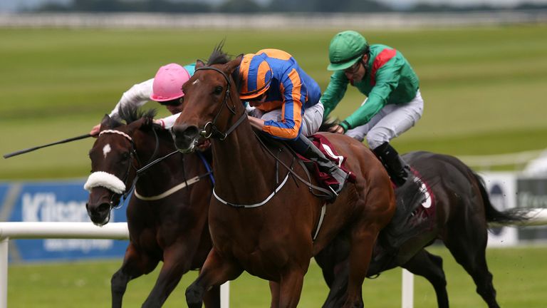 Wedding Vow (centre), ridden by jockey Joseph O'Brien wins the Kilboy Estate Stakes at the Curragh