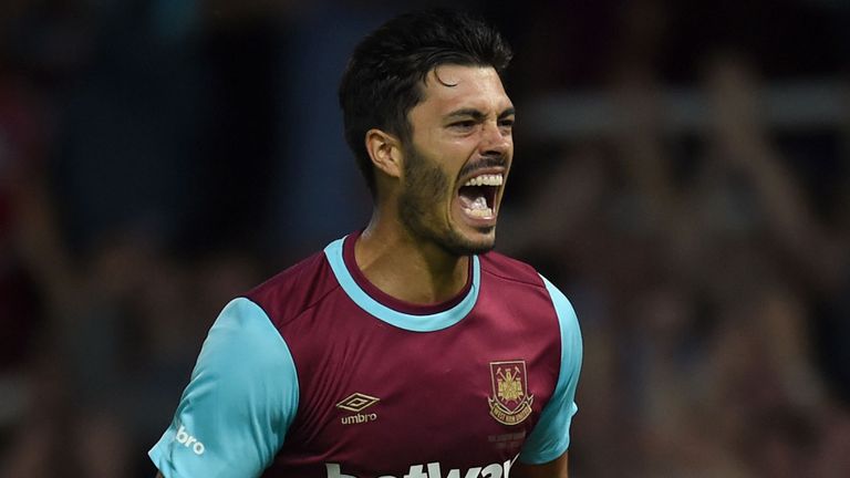 West Ham United's James Tomkins celebrates scoring his teams opening goal during the Europa League Second Qualifying Round, First Leg, at Upton Park