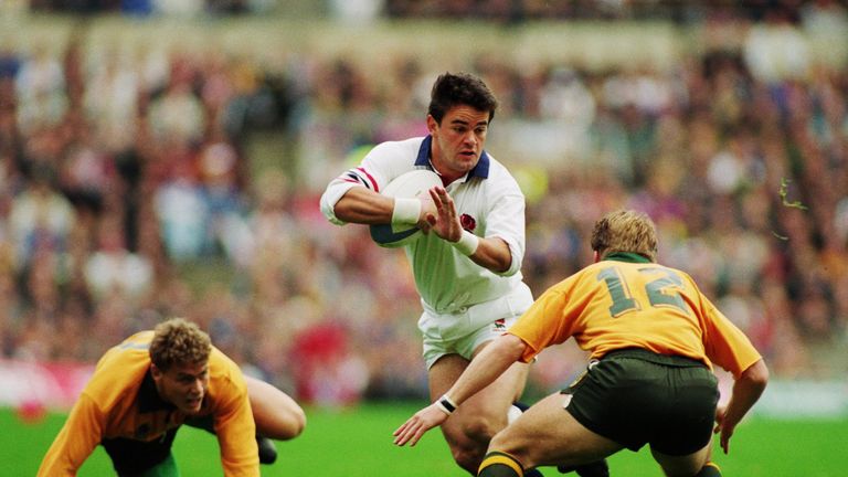 Will Carling takes on Tim Horan of Australia during the 1991 World Cup final
