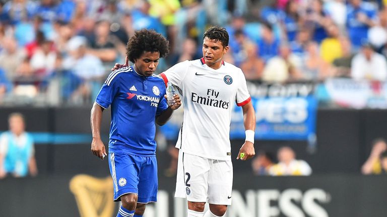 PSG's Thiago Silva speaks to Willian ahead of Saturday's penalty shoot-out