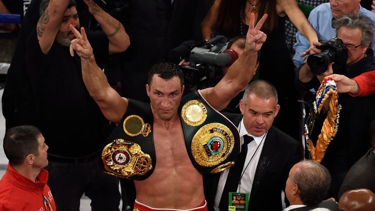 Wladimir Klitschko of the Ukraine celebrates his win over Bryant Jennings of the US during their World Heavyweight Championship boxing bout