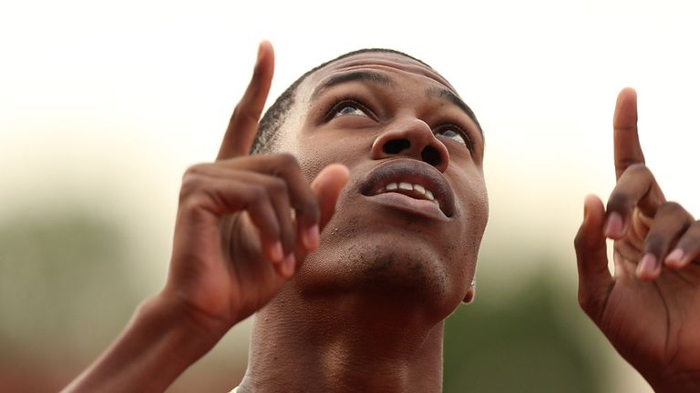 Zharnel Hughes of Great Britain celebrates winning his 200m heat during day one of the Sainsbury's British Championships