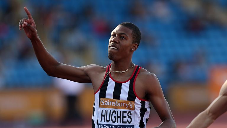 Zharnel Hughes of Great Britain celebrates after winning the men's 200m final on day two of the Sainsbury's British Championship