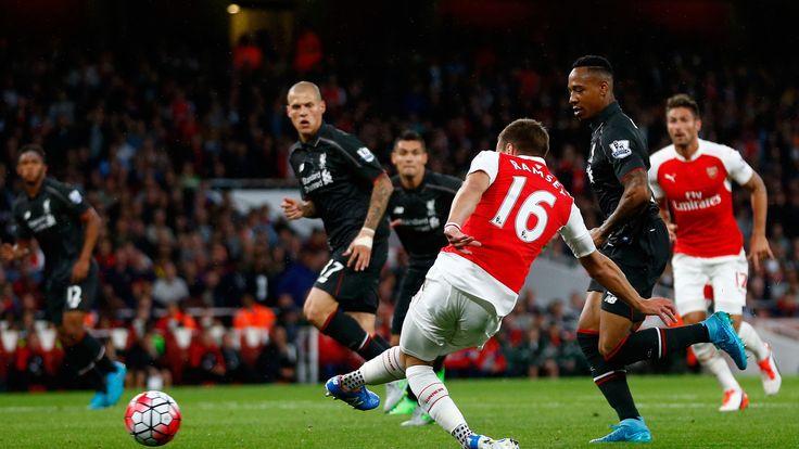 Arsenal's Aaron Ramsey scores against Liverpool , but the goal is ruled out for offside
