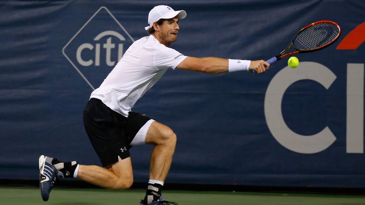 WASHINGTON, DC - AUGUST 05:  Andy Murray of Great Britain returns a shot to Teymuraz Gabashvili of Russia during their singles match at Rock Creek Tennis C