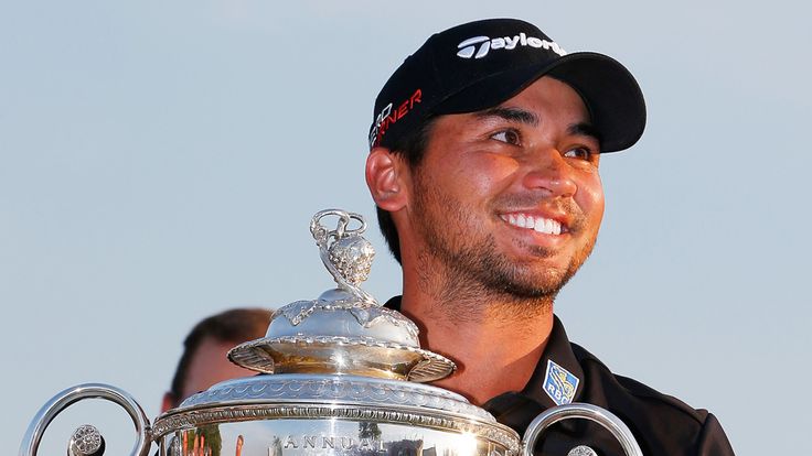 Jason Day of Australia celebrates with the Wanamaker trophy after winning the 2015 PGA Championship