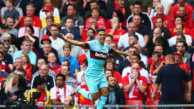 LIVERPOOL, ENGLAND - AUGUST 29: Manuel Lanzini of West Ham United celebrates scoring his team's first goal during the Barclays Premier League match between