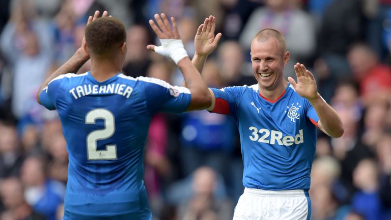 02/08/15 SCOTTISH LEAGUE CUP FIRST ROUND.RANGERS V PETERHEAD.IBROX - GLASGOW.Rangers' Kenny Miller (right) celebrates his goal for Rangers