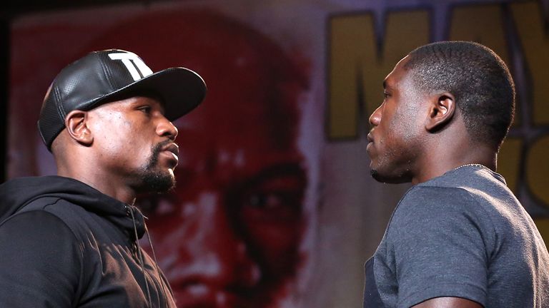 Floyd Mayweather left and Andre Berto face off at a press conference ahead of the upcoming fight in Los Angeles. Photo: Stephen Dunn/Getty Images