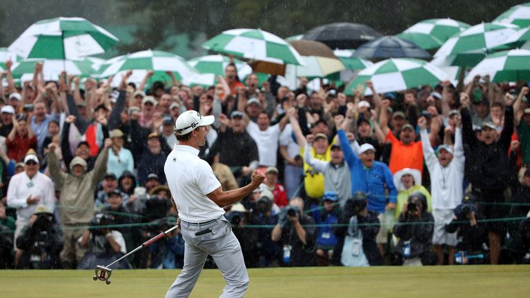 Adam Scott of Australia celebrates after his birdie on the 18th green which got him into a play off during the final round of the Masters