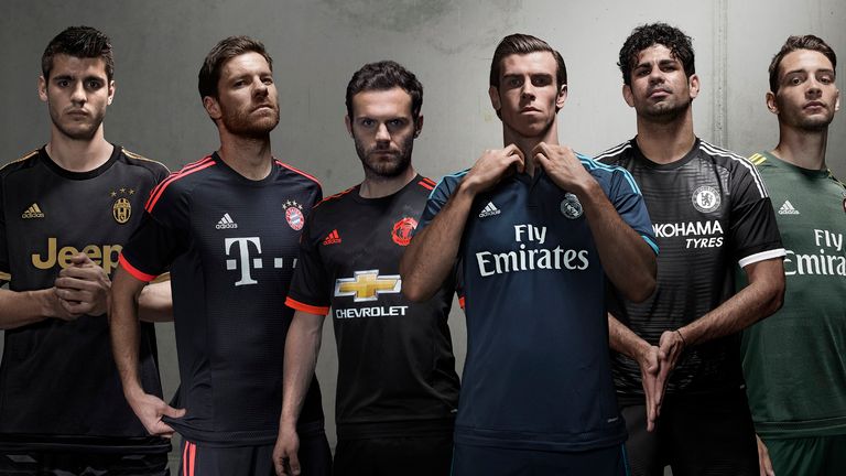 Adidas combined third kit visual. Alvaro Morata, Xabi Alonso, Juan Mata, Gareth Bale, Diego Costa, Mattia de Sciglio