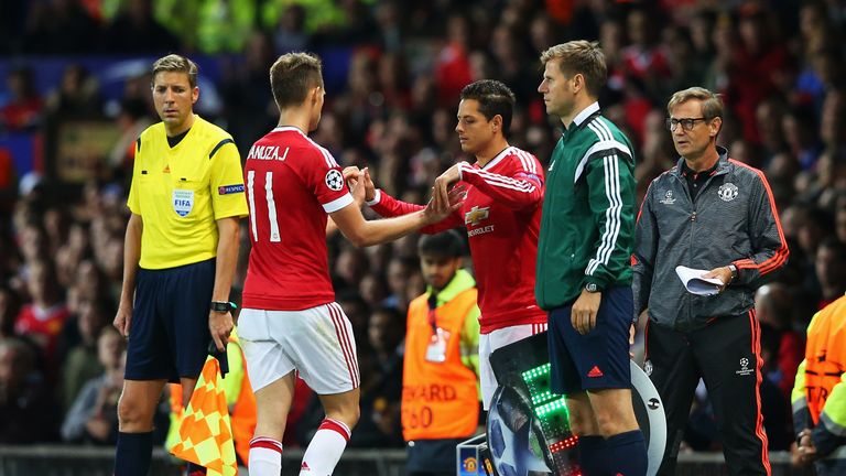 Javier Hernandez of Manchester United comes on as a substitute for Adnan Januzaj