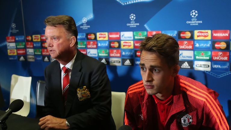 Louis van Gaal and Adnan Januzaj arrive at a press conference, to preview the game against Club Brugge.