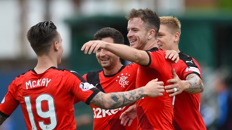 Rangers players celebrate after Andy Halliday (second right) scored against Queen of the South