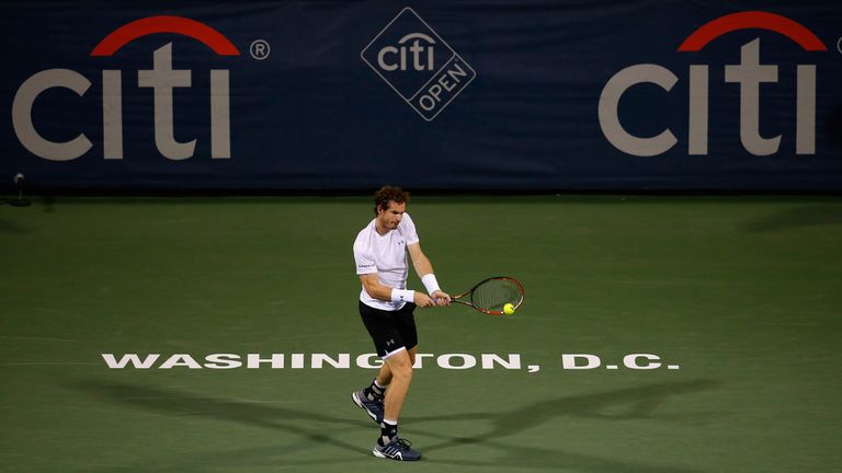 WASHINGTON, DC - AUGUST 05:  Andy Murray of Great Britain returns a shot to Teymuraz Gabashvili of Russia during their singles match at Rock Creek Tennis C