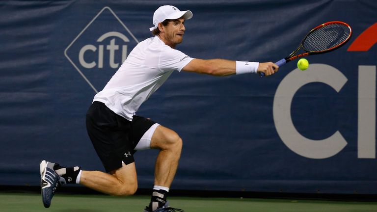 WASHINGTON, DC - AUGUST 05:  Andy Murray of Great Britain returns a shot to Teymuraz Gabashvili of Russia during their singles match at Rock Creek Tennis C