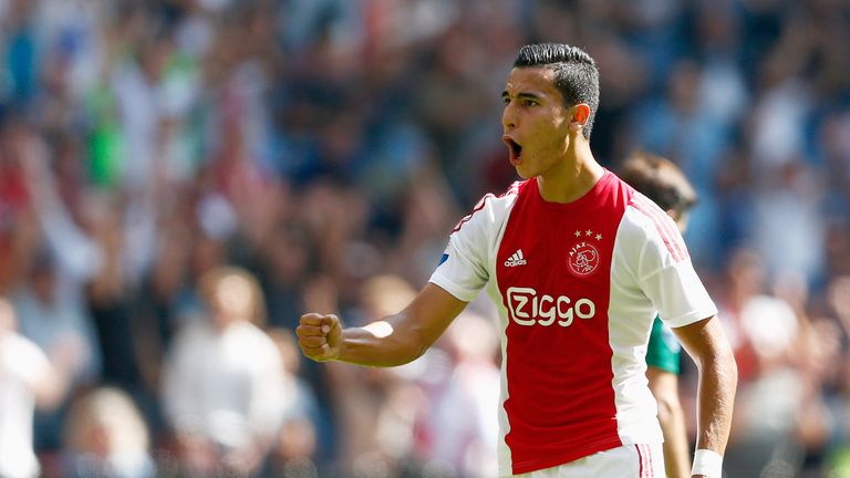 Anwar El Ghazi of Ajax celebrates scoring his second goal against ADO Den Haag.