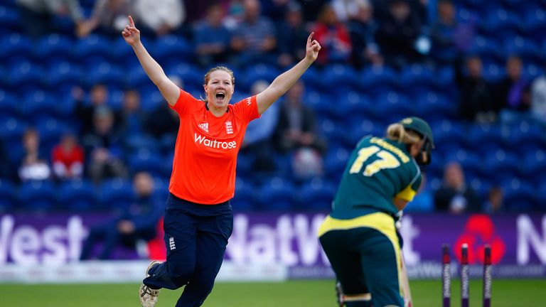 Anya Shrubsole of England celebrates bowling out Meg Lanning of Australia during the 3rd NatWest T20 of the Women's Ashes Series