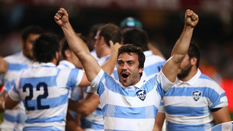 Argentina players celebrating after their win over South Africa during 2015 Rugby Championship