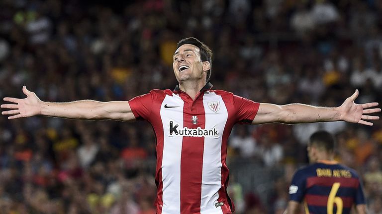 Athletic Bilbao's forward Aritz Aduriz celebrates his goal during the Spanish Supercup second-leg