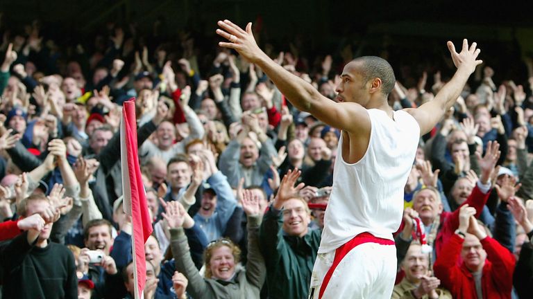 Thierry Henry celebrates his hat-trick in the 4-2 victory over Liverpool