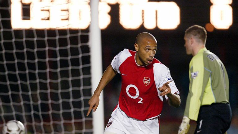 Thierry Henry, now a Sky Sports pundit, celebrates scoring against Leeds in 2004