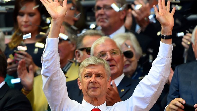 LONDON, ENGLAND - AUGUST 02:  Head coach Arsene Wenger of Arsenal celebrates his team's 1-0 win at the stand after the FA Community Shield match between Ch