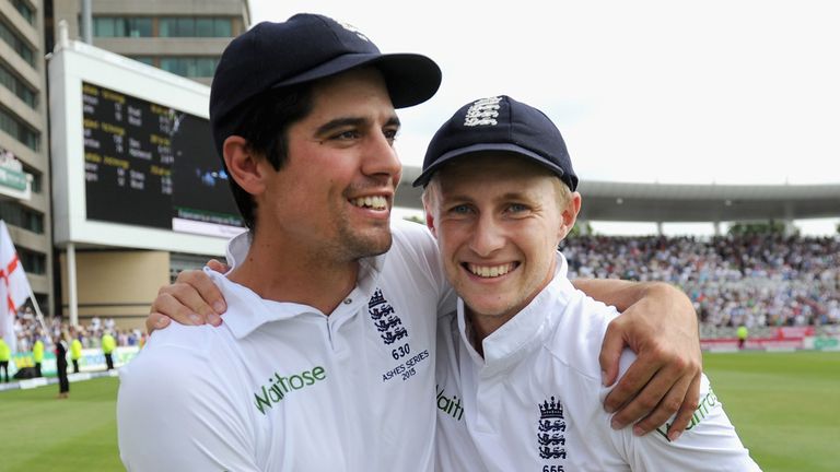 NOTTINGHAM, ENGLAND - AUGUST 08:  England captain Alastair Cook celebrates with Joe Root after winning the 4th Investec Ashes Test match between England an