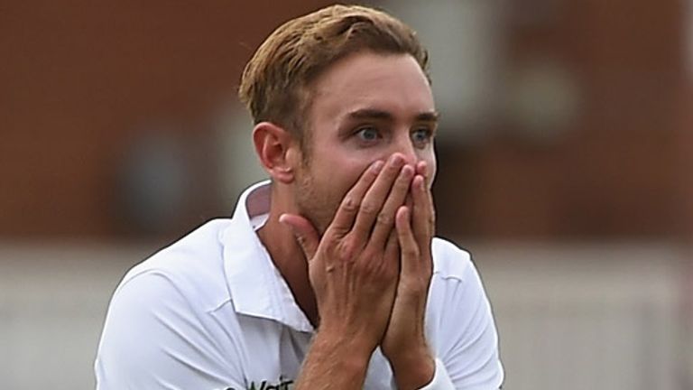 Stuart Broad looks on in disbelief after a stunning catch from Ben Stokes