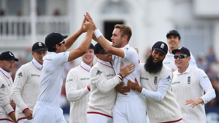 Stuart Broad of England is mobbed