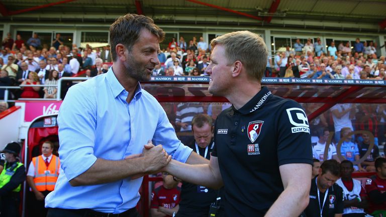 Bournemouth manager Eddie Howe (R) shares a handshake with Aston Villa boss Tim Sherwood prior to kick-off at the Vitality Stadium