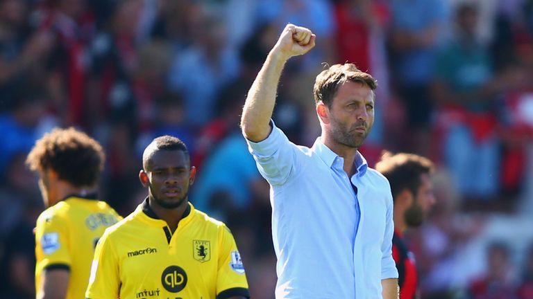 BOURNEMOUTH, ENGLAND - AUGUST 08:  Tim Sherwood Manager of Aston Villa celebrates after his team's 1-0 win in the Barclays Premier League match between A.F