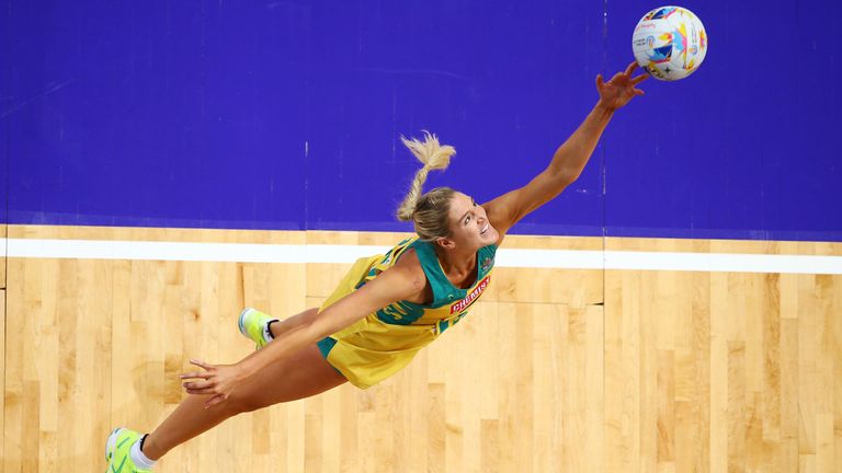 Caitlin Bassett of the Diamonds catches the ball during the 2015 Netball World Cup Semi Final 2 match between Australia and Jamaica at 
