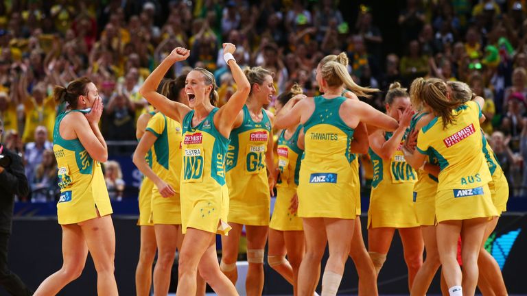 The Australian Diamonds celebrate victory in the 2015 Netball World Cup Gold Medal match between Australia and New Zealand 