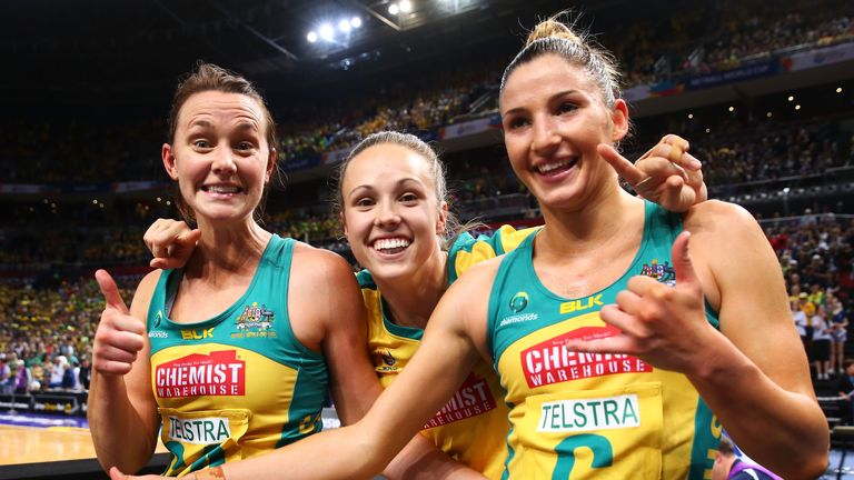 Natalie Medhurst, Paige Hadley and Kim Ravaillion of the Diamonds celebrate victory in the 2015 Netball World Cup Gold Medal match 