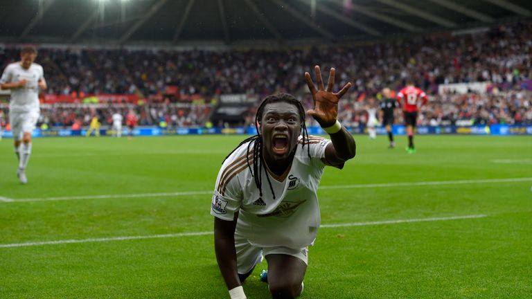 Swansea striker Bafetimbi Gomis celebrates