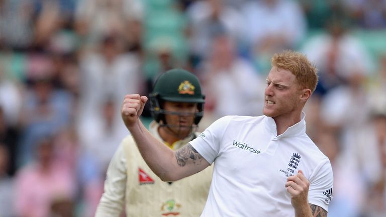 Ben Stokes of England celebrates dismissing Australian captain Michael Clarke during day one of the 5th Investec Ashes Test at the Oval