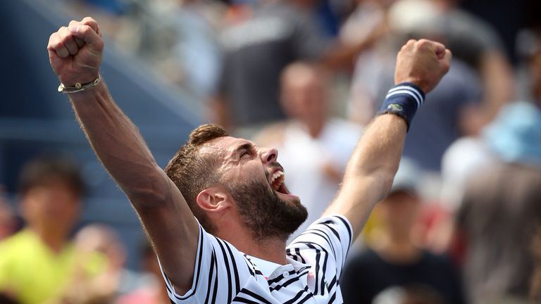 Benoit Paire celebrates after defeating Kei Nishikori at the US Open 