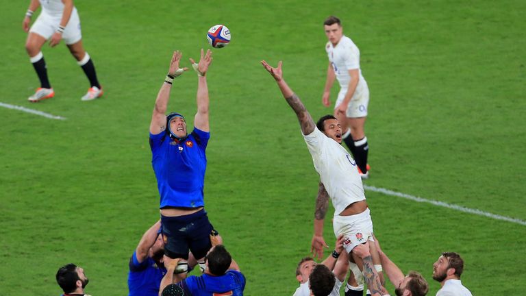 Bernard Le Roux of France wins lineout ball under pressure from Courtney Lawes of England during this year's Six Nations match